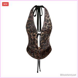 Y2K Sequin Halter Corset Top Cheetah Print Tie Back Plunge Neck Crop
